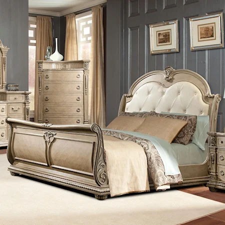 Traditional King Sleigh Bed with Diamond-Tufted Headboard